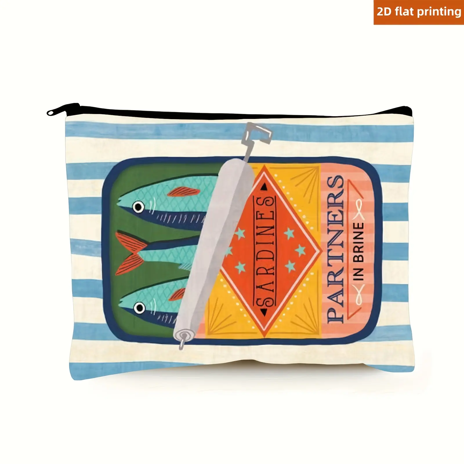Sardine Partners Graphic Makeup Bag - Beige, Foldable & Lightweight Linen Travel Pouch with Zipper Closure