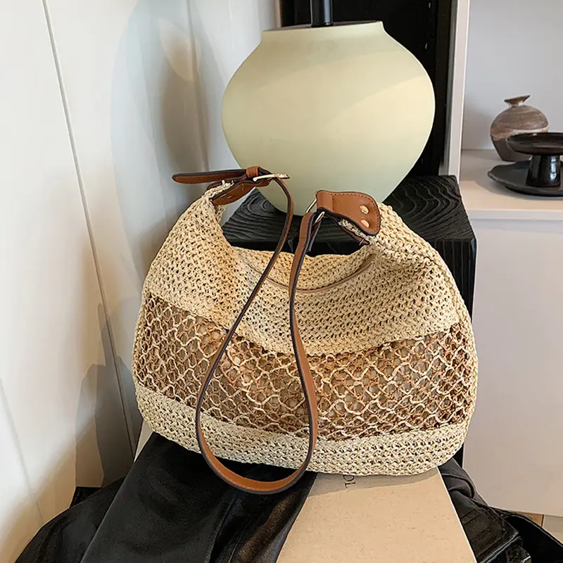 Large Capacity Summer Straw Weaving Shoulder Bag Women's Handmade Crochet Beach Handbag Woven Hollow out Underarm Knitting Bag