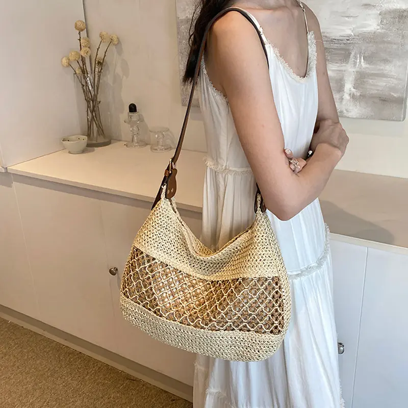 Large Capacity Summer Straw Weaving Shoulder Bag Women's Handmade Crochet Beach Handbag Woven Hollow out Underarm Knitting Bag