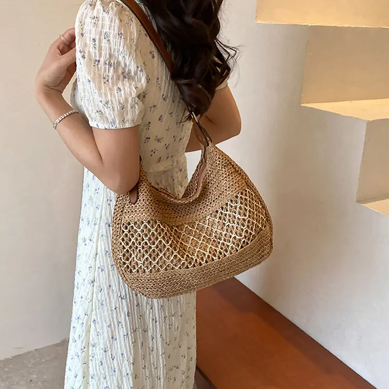 Large Capacity Summer Straw Weaving Shoulder Bag Women's Handmade Crochet Beach Handbag Woven Hollow out Underarm Knitting Bag