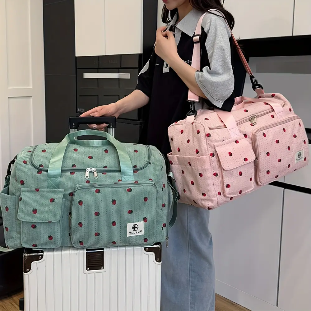 Strawberry Travel Bag, Large Capacity Corduroy Luggage Bag, Lightweight Crossbody Bag, Multifunctional Sports and Fitness Bag