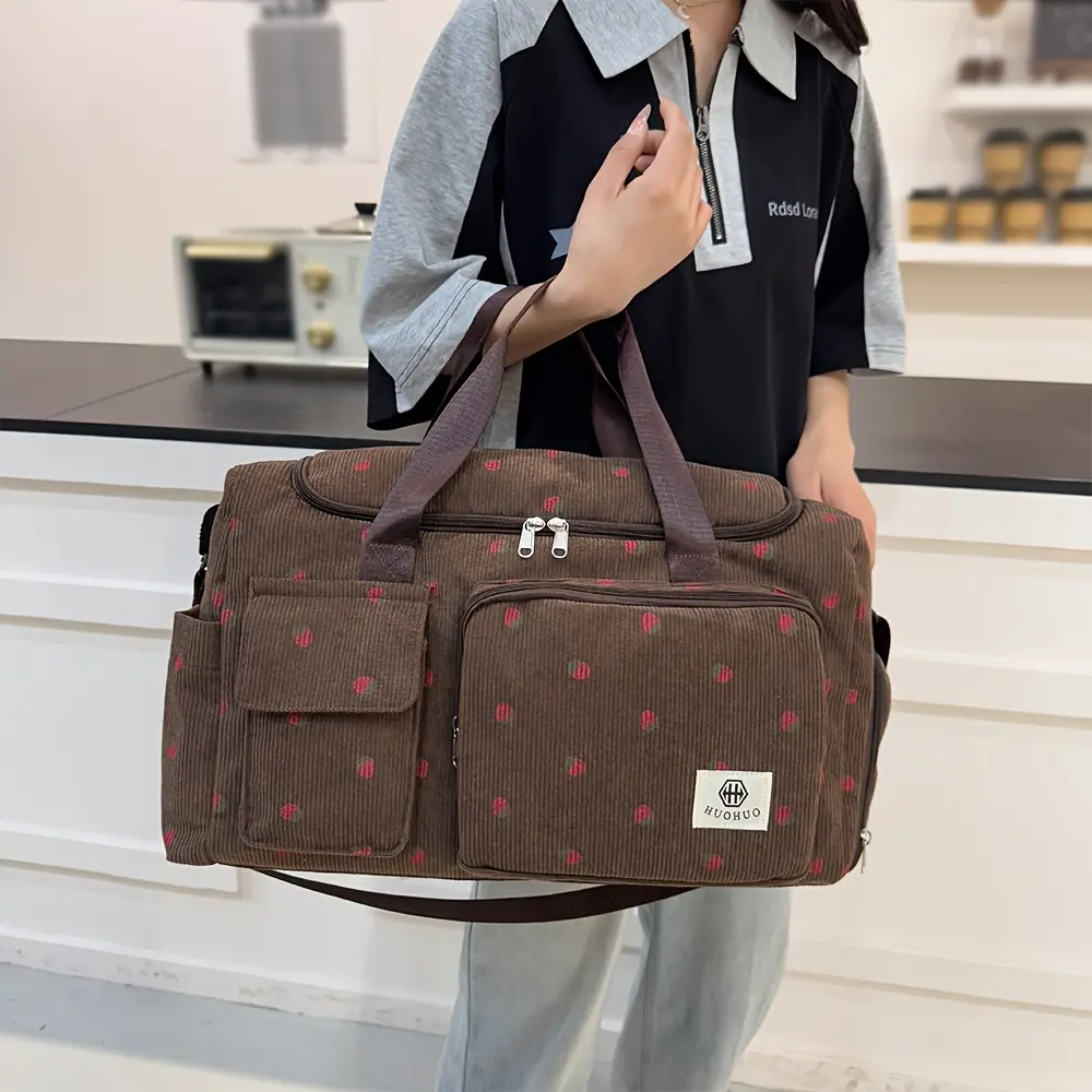 Strawberry Travel Bag, Large Capacity Corduroy Luggage Bag, Lightweight Crossbody Bag, Multifunctional Sports and Fitness Bag
