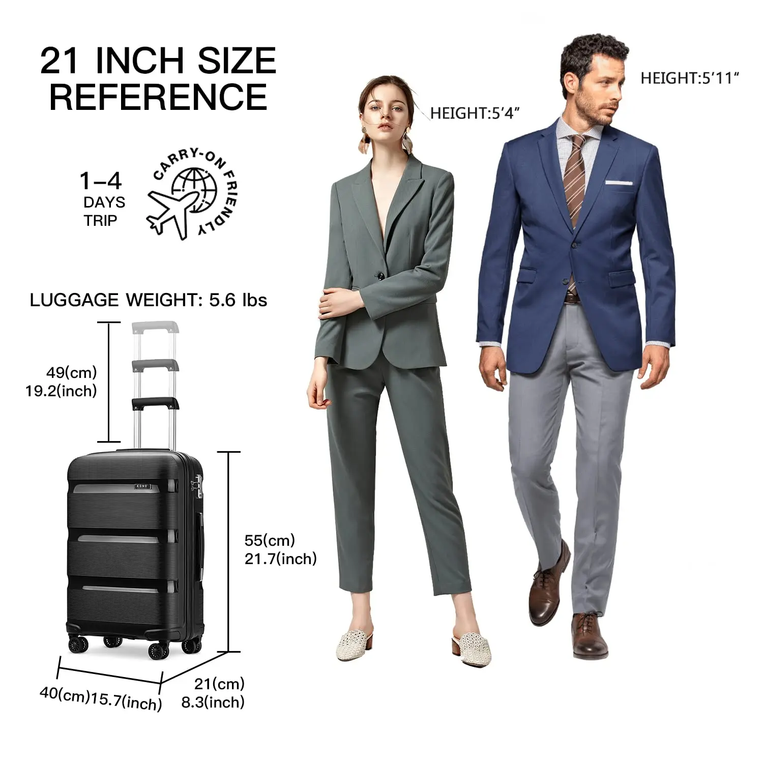 Kono 20" Hardshell Carry-On - Polypropylene Lightweight Luggage with TSA Lock & Smooth Spinner Wheels