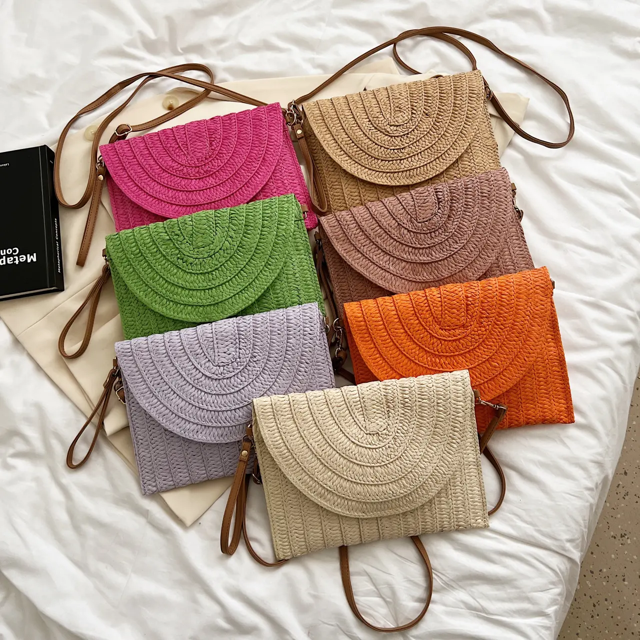 Summer Travel Beach Bag Straw Woven Clutch Bag Fashion Designer Crossbody Shoulder Bag for Women Handbag Ladies Wrist Wicker Bag