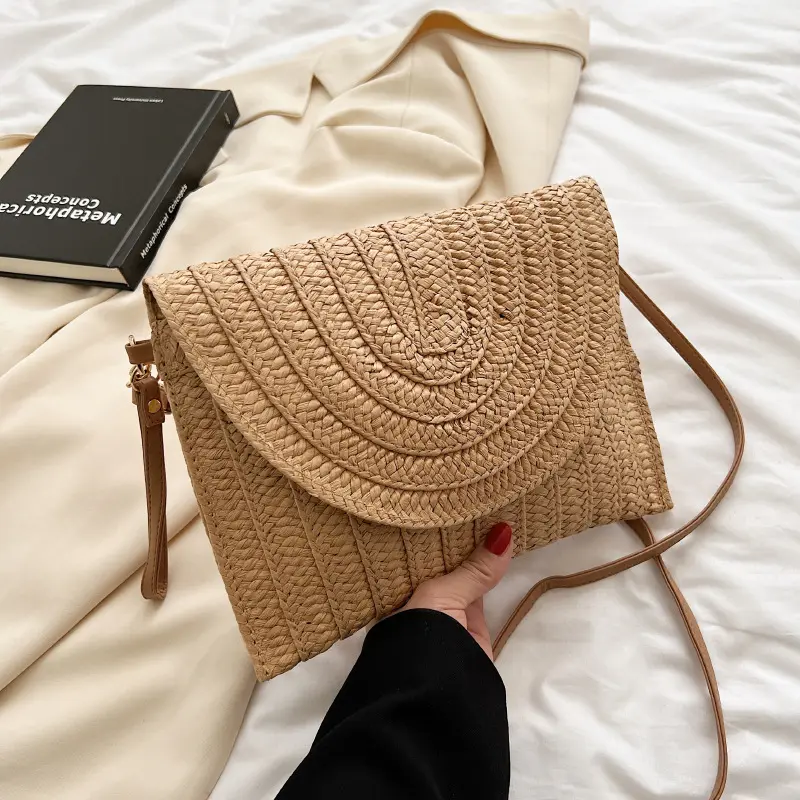 Summer Travel Beach Bag Straw Woven Clutch Bag Fashion Designer Crossbody Shoulder Bag for Women Handbag Ladies Wrist Wicker Bag