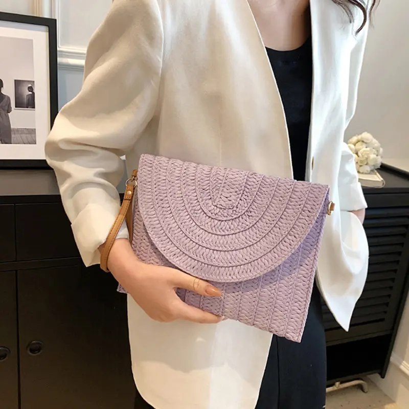 Summer Travel Beach Bag Straw Woven Clutch Bag Fashion Designer Crossbody Shoulder Bag for Women Handbag Ladies Wrist Wicker Bag