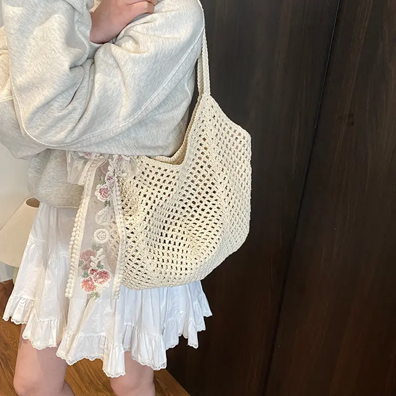 Summer Lace Bow Tote Bags Women Raffia Knitting Woven Shoulder Bag 2025 Rattan Large Casual Crochet Shopping Bag Ladies Handbag