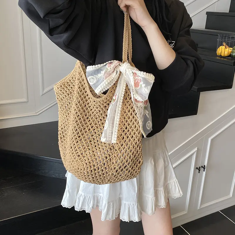 Summer Lace Bow Tote Bags Women Raffia Knitting Woven Shoulder Bag 2025 Rattan Large Casual Crochet Shopping Bag Ladies Handbag