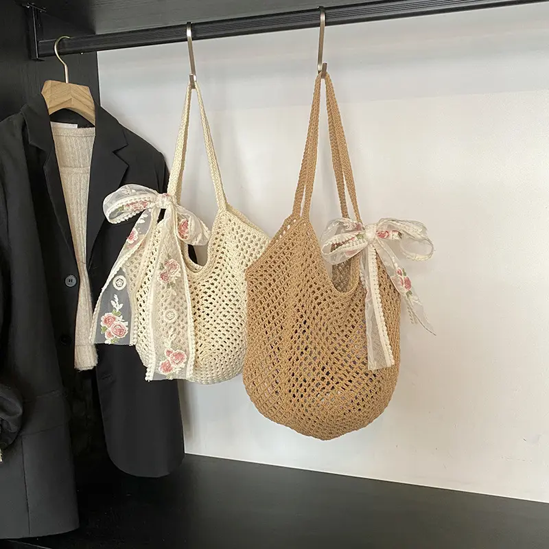 Summer Lace Bow Tote Bags Women Raffia Knitting Woven Shoulder Bag 2025 Rattan Large Casual Crochet Shopping Bag Ladies Handbag