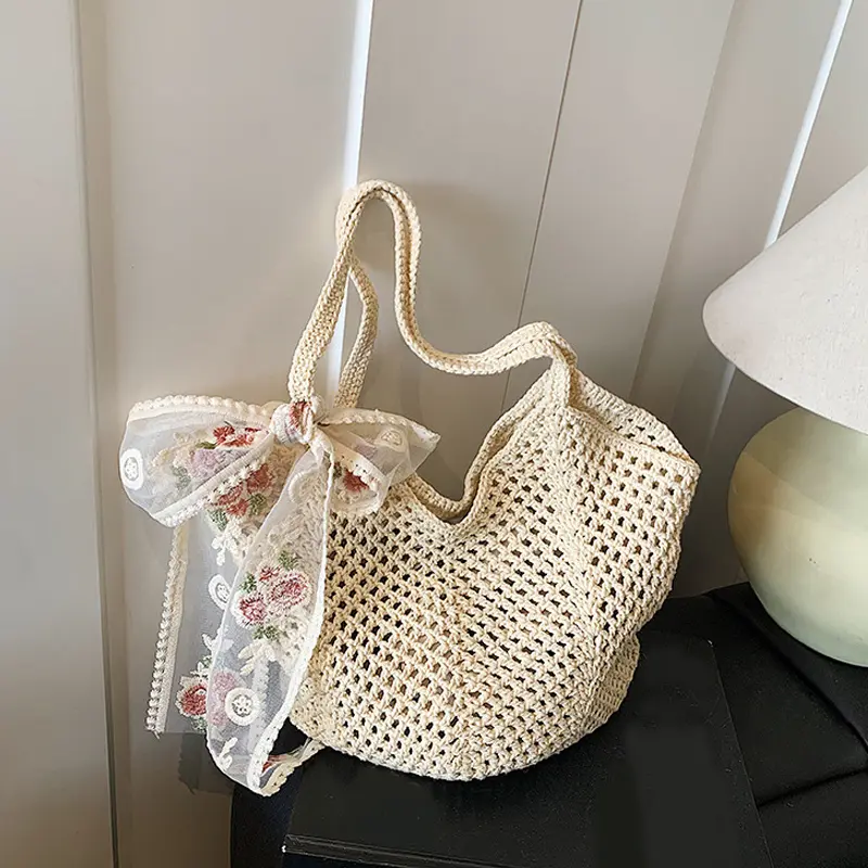Summer Lace Bow Tote Bags Women Raffia Knitting Woven Shoulder Bag 2025 Rattan Large Casual Crochet Shopping Bag Ladies Handbag