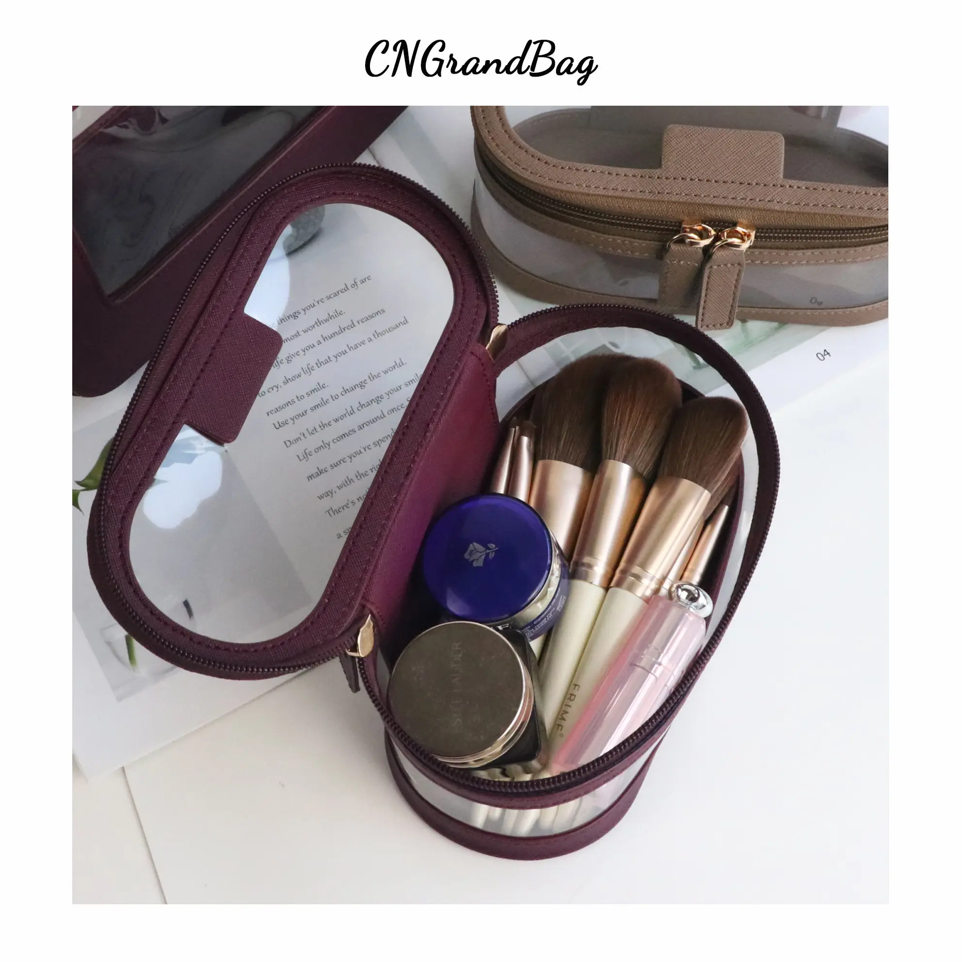 Custom Letters Saffiano Leather Cosmetic Brush Bag Portablet TPU Capacity Waterproof travel Multi-function Storage Bag