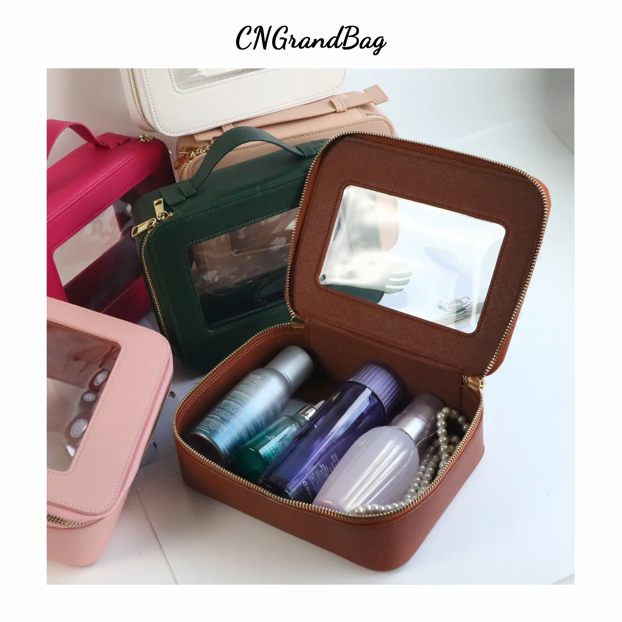 Custom Letters Saffiano Leather Cosmetic Brush Bag Portablet TPU Capacity Waterproof travel Multi-function Storage Bag