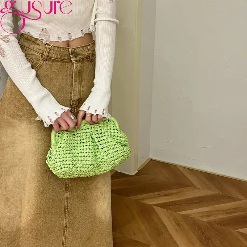 Gusure Summer Designer Shoulder Crossbody Bag Straw Weaving Clutch Purse  Women Dumpling Crossbody Beach Bag Fashon Cloud Pouch