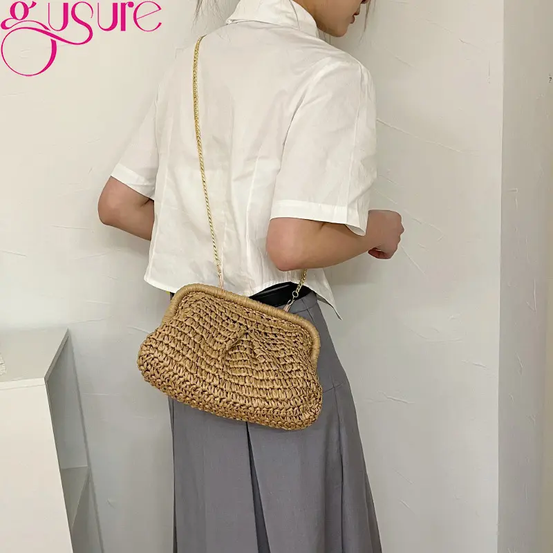 Gusure Summer Designer Shoulder Crossbody Bag Straw Weaving Clutch Purse  Women Dumpling Crossbody Beach Bag Fashon Cloud Pouch