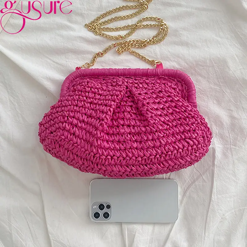 Gusure Summer Designer Shoulder Crossbody Bag Straw Weaving Clutch Purse  Women Dumpling Crossbody Beach Bag Fashon Cloud Pouch