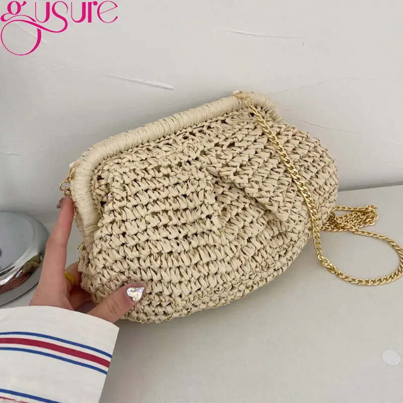 Gusure Summer Designer Shoulder Crossbody Bag Straw Weaving Clutch Purse  Women Dumpling Crossbody Beach Bag Fashon Cloud Pouch