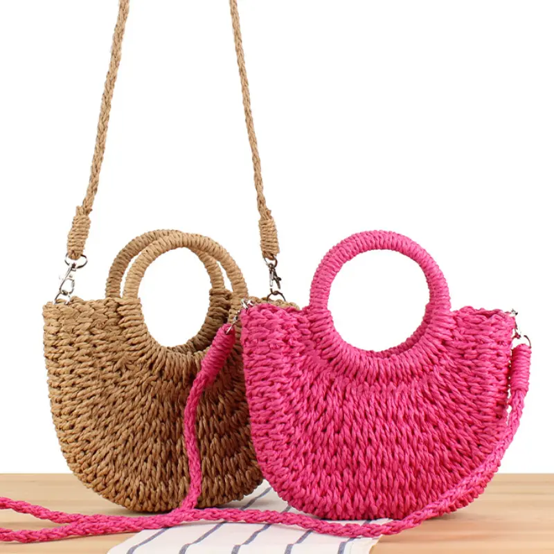 Straw Women Half-moon Beach Handbag Rattan Handmade Handle Summer Fashion Kintted Tote Bag Ladies Straw Bag Wrapped Beach Bag