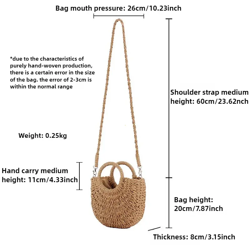 Straw Women Half-moon Beach Handbag Rattan Handmade Handle Summer Fashion Kintted Tote Bag Ladies Straw Bag Wrapped Beach Bag