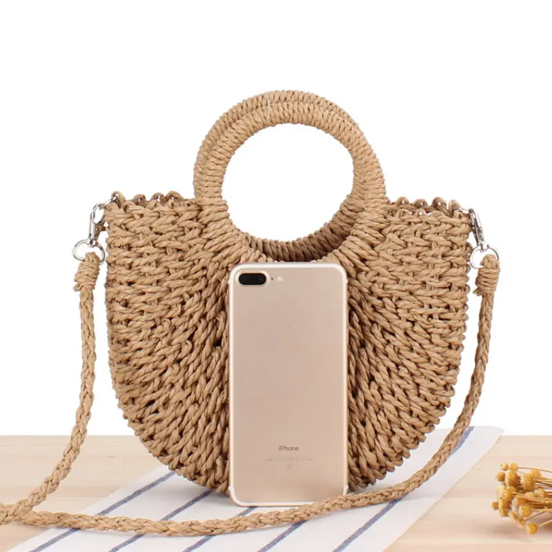 Straw Women Half-moon Beach Handbag Rattan Handmade Handle Summer Fashion Kintted Tote Bag Ladies Straw Bag Wrapped Beach Bag