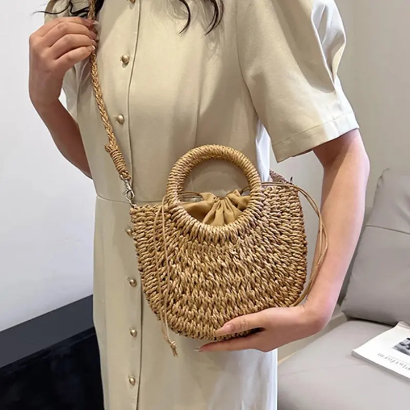 Straw Women Half-moon Beach Handbag Rattan Handmade Handle Summer Fashion Kintted Tote Bag Ladies Straw Bag Wrapped Beach Bag