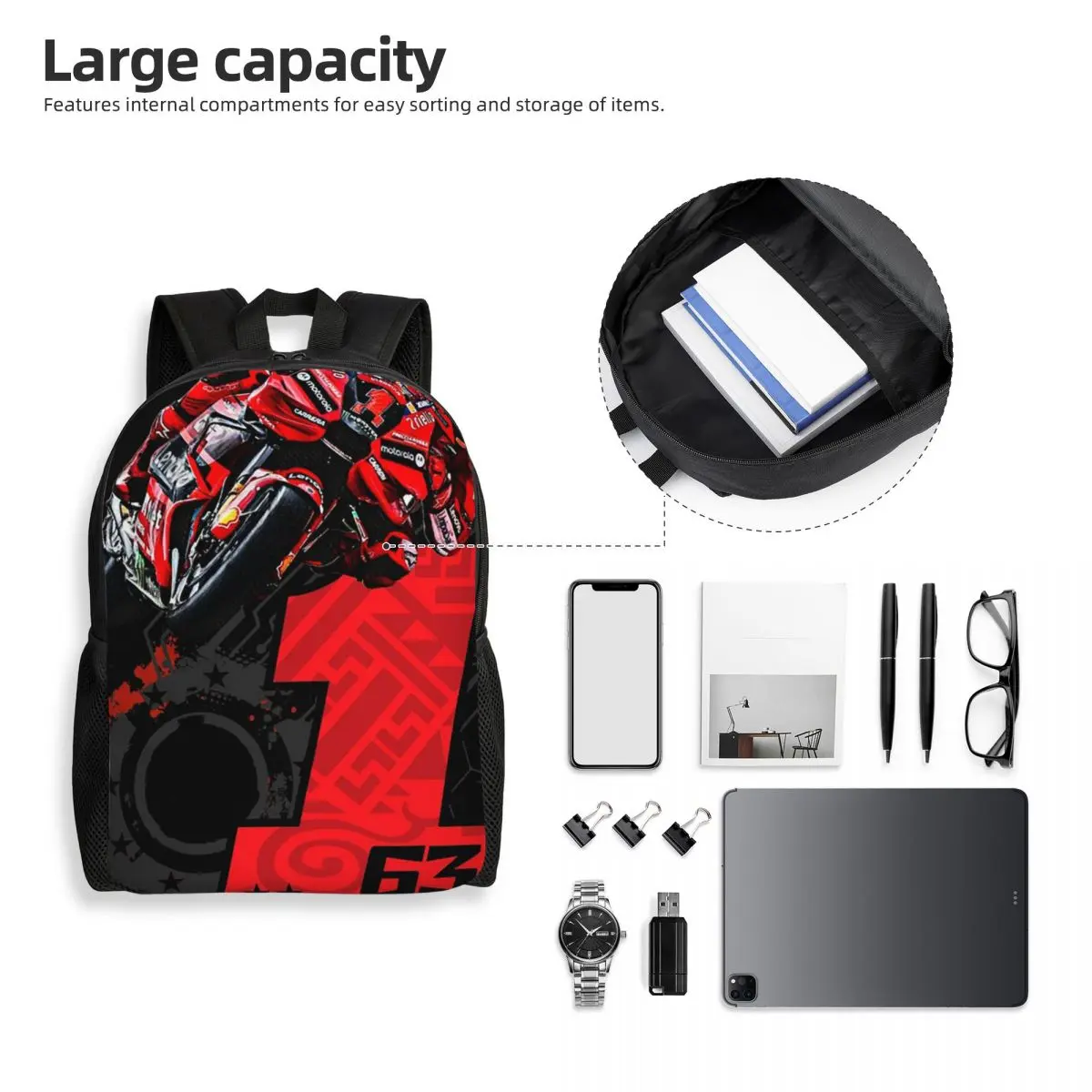 Francesco Bagnaia Number 1 Moto GP Student Backpack School Bag Hiking Travel Daypack for Boys Girls Fashion Bookbag Shoulder Bag