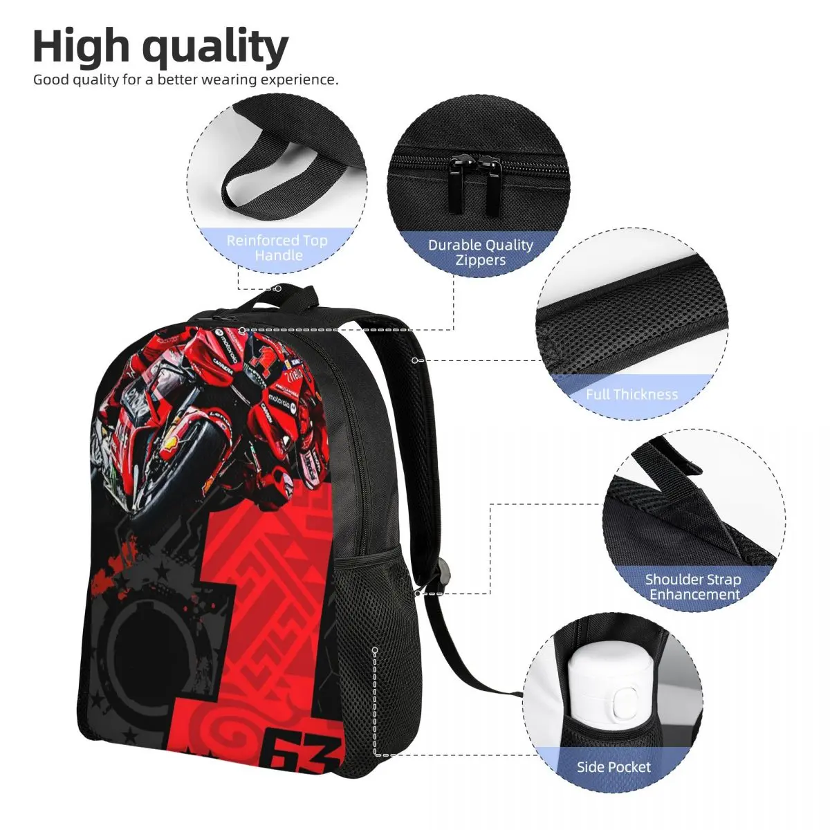 Francesco Bagnaia Number 1 Moto GP Student Backpack School Bag Hiking Travel Daypack for Boys Girls Fashion Bookbag Shoulder Bag