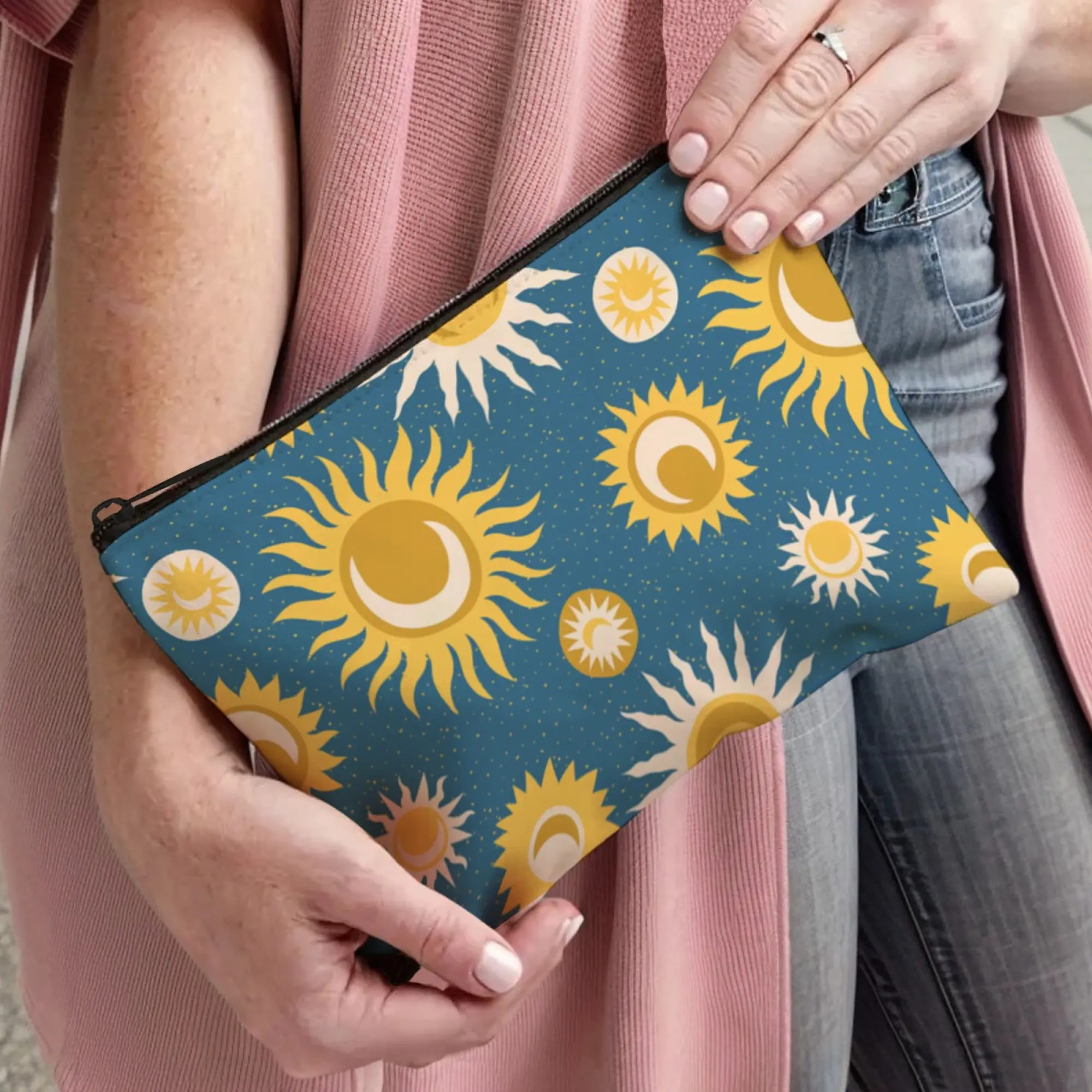 Fashion Harajuku Style Sun and Moon Elements Whimsical Women's Pencil Student Cosmetic Bag Travel Lightweight Zipper Storage Bag