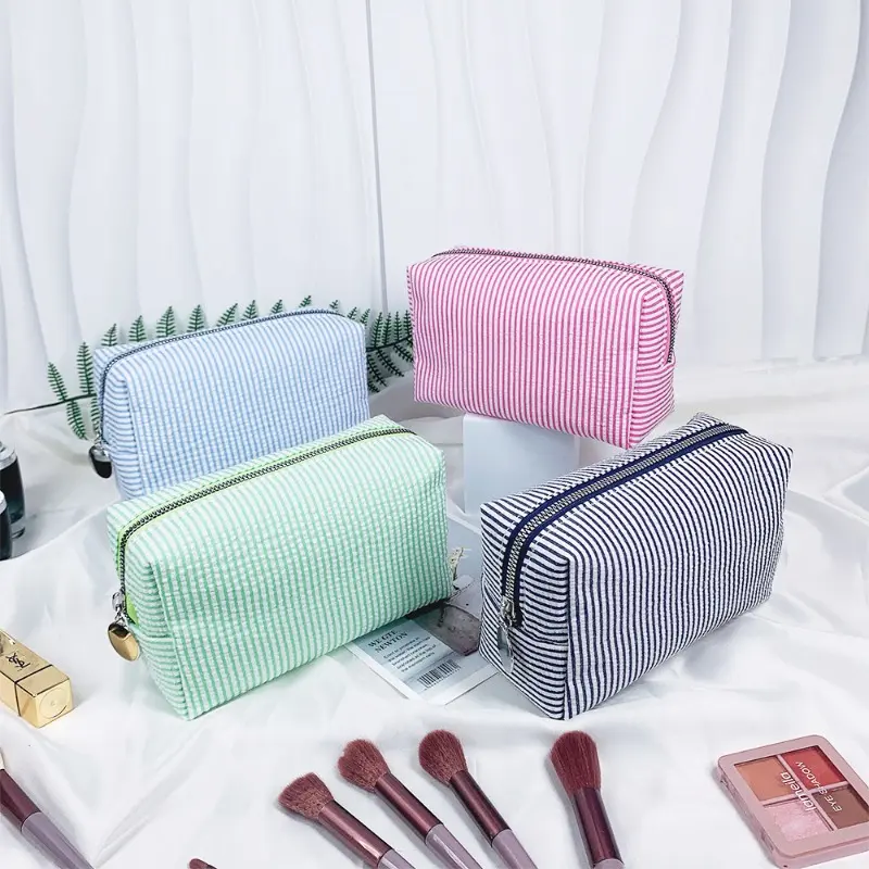 Fashion Women  Ruffle Cosmetic Bags Pink/Purple Striped Storage Make Up Bags for Women Lady with Zipper Travel Bag Makeup Bag