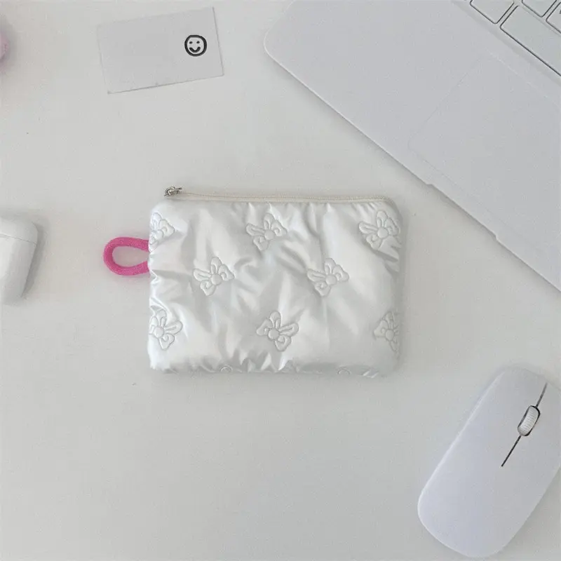 Silver Bow Pattern Coin Purse Women's Earphone Coins Keys Wallet Organizer Zipper Pouch Cosmetic Bag