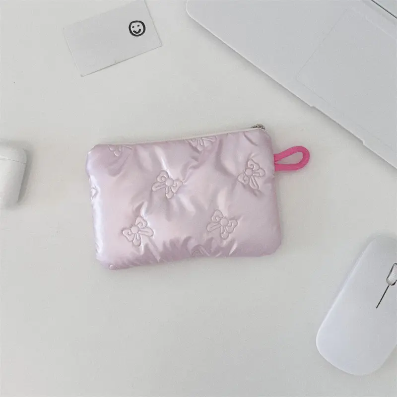 Silver Bow Pattern Coin Purse Women's Earphone Coins Keys Wallet Organizer Zipper Pouch Cosmetic Bag