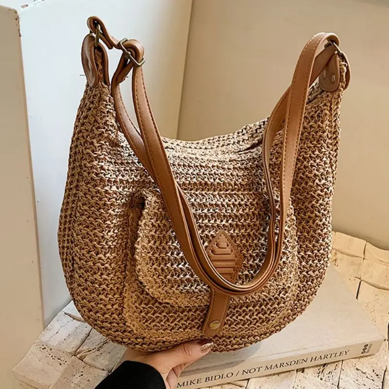 Straw Shoulder Bags for Women Summer Crossbody Bag with Zipper Female Elegant Hobos Handbag Purse for Work