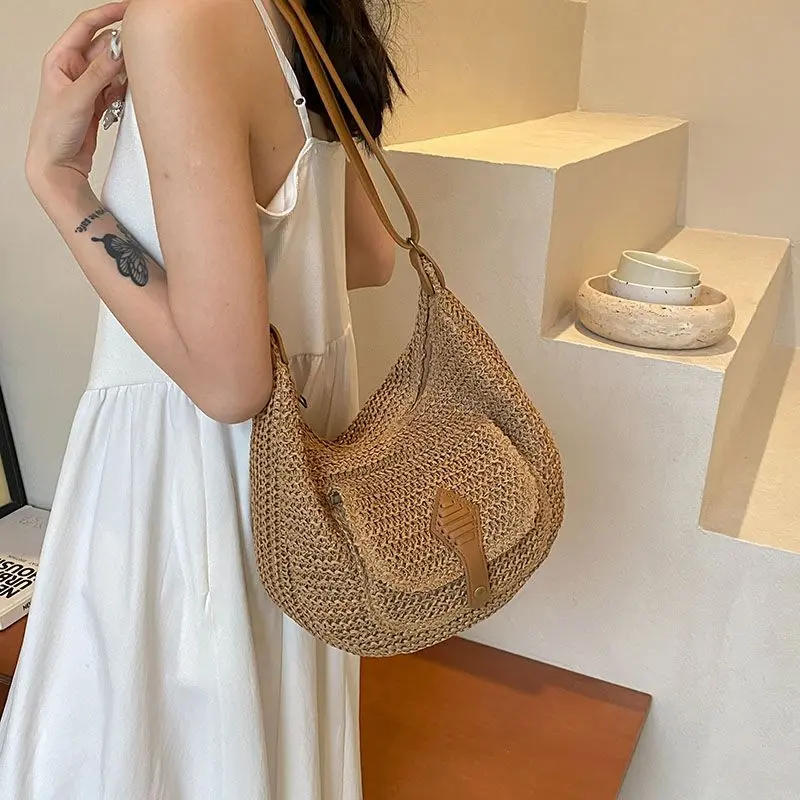 Straw Shoulder Bags for Women Summer Crossbody Bag with Zipper Female Elegant Hobos Handbag Purse for Work