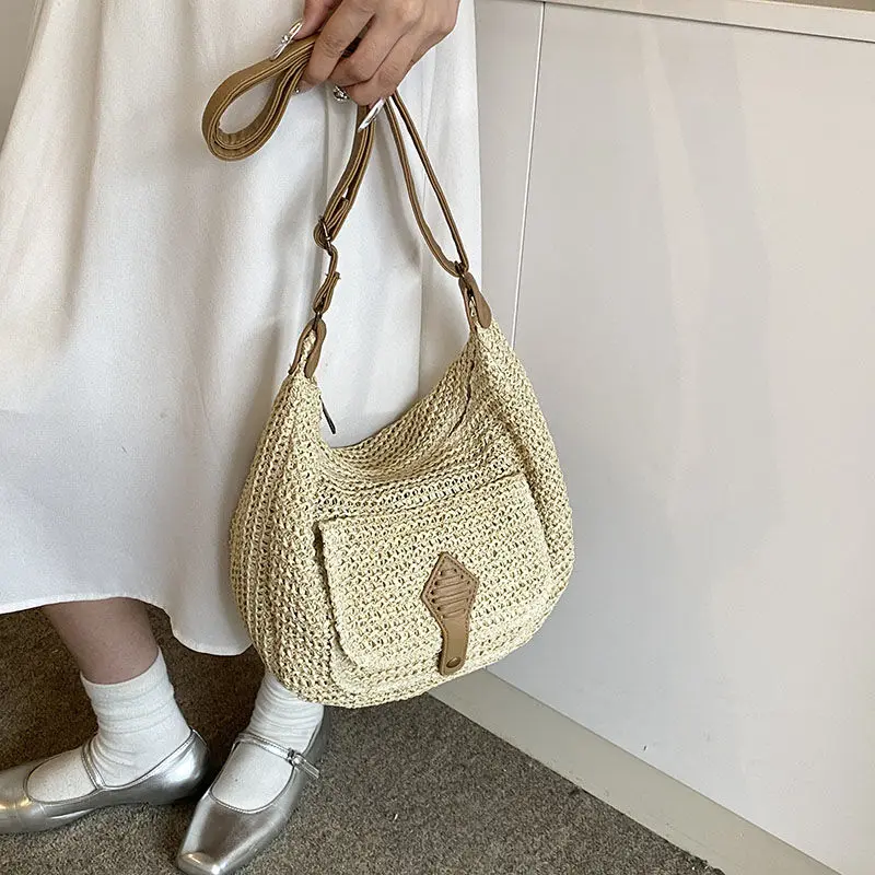 Straw Shoulder Bags for Women Summer Crossbody Bag with Zipper Female Elegant Hobos Handbag Purse for Work
