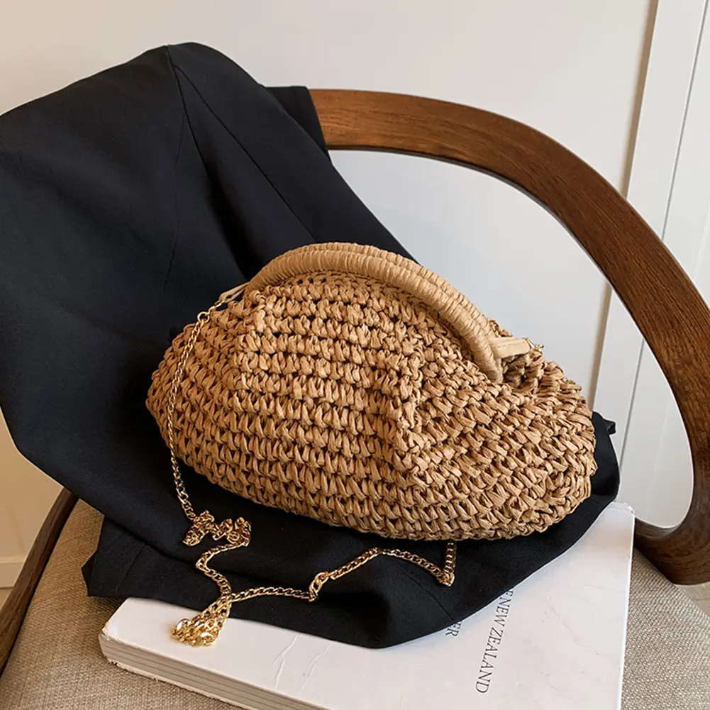 Women Straw Woven Bag Chain Strap Straw Clutch Purse Large Capacity Stylish Crossbody Bag Solid Color for Summer Beach