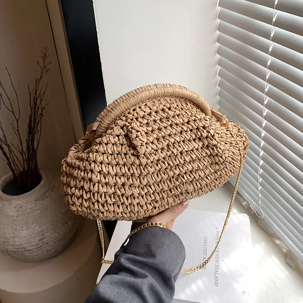 Women Straw Woven Bag Chain Strap Straw Clutch Purse Large Capacity Stylish Crossbody Bag Solid Color for Summer Beach