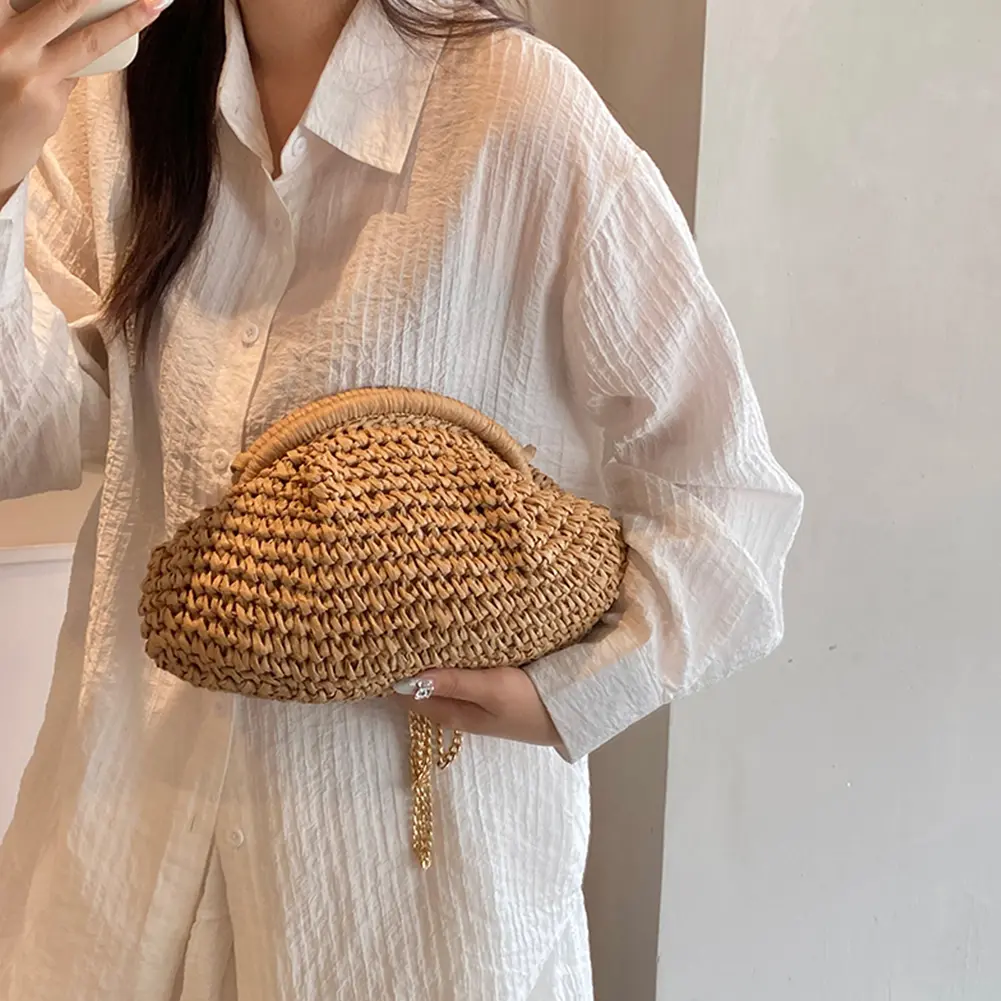 Women Straw Woven Bag Chain Strap Straw Clutch Purse Large Capacity Stylish Crossbody Bag Solid Color for Summer Beach