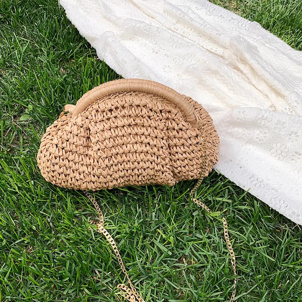 Women Straw Woven Bag Chain Strap Straw Clutch Purse Large Capacity Stylish Crossbody Bag Solid Color for Summer Beach