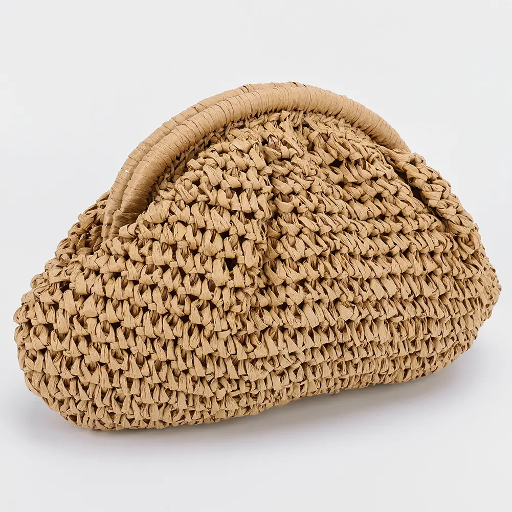 Women Straw Woven Bag Chain Strap Straw Clutch Purse Large Capacity Stylish Crossbody Bag Solid Color for Summer Beach