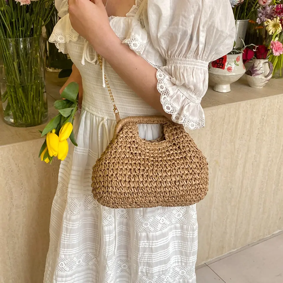 Retro Woven Clutch Bags for Women 2025 Straw Shell Chain Handbag Messenger Bag Ladies Holiday Beach Eco-friendly Crossbody Bag