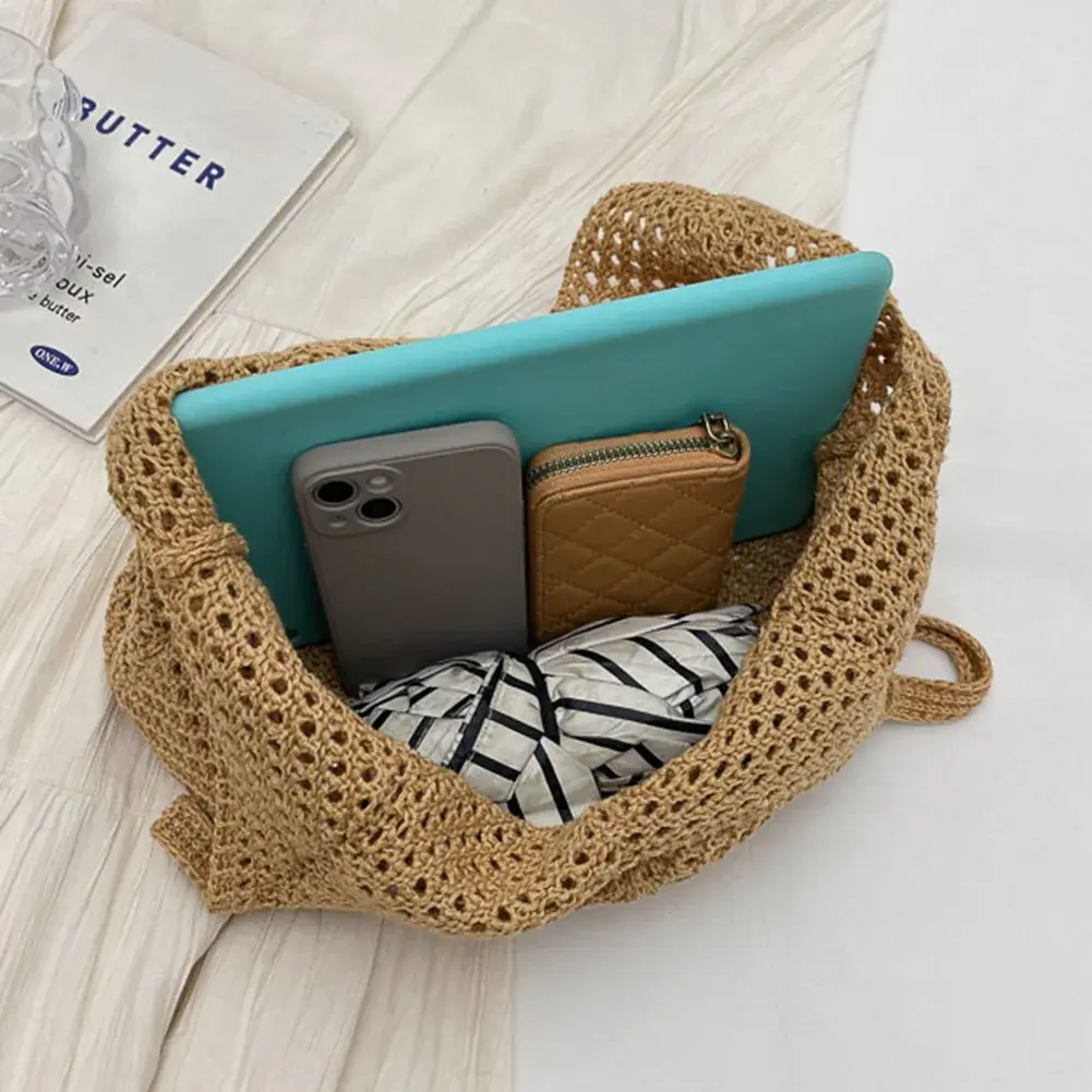 Fashion Women's Hollow Woven Shoulder Bags Large Capacity Knitting Underarm Bag Solid Crochet Tote Handbag Summer Mesh Beach Bag