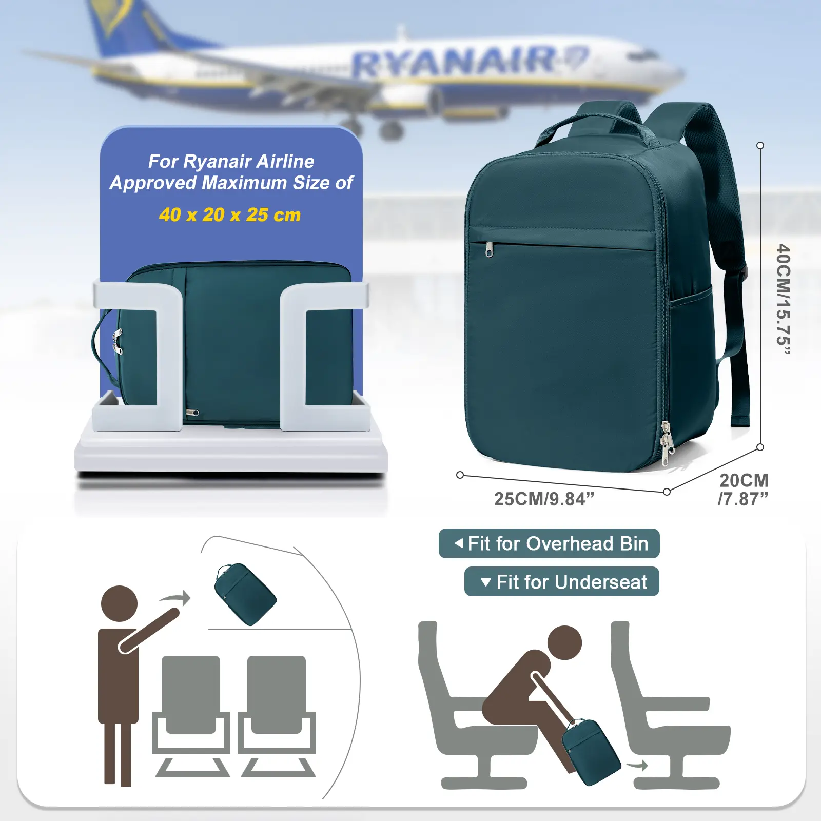 Airplane Hand Luggage Backpack for Ryanair 40x20x25 Cabin Bag, Lightweight Aeroplane Carry-Ons Travel Backpack Short distance