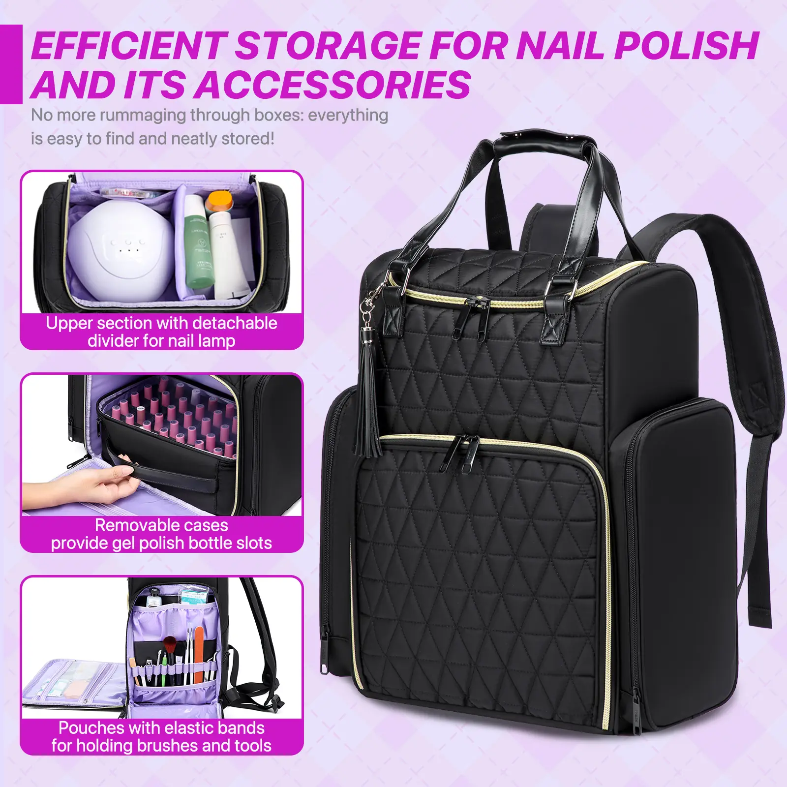 Nail Polish Organizer Backpack Multi-Spacer Bottle Trimmer Nail Tool Bag Travel Carrying For Nail Art Accessories Holds Bags 30+