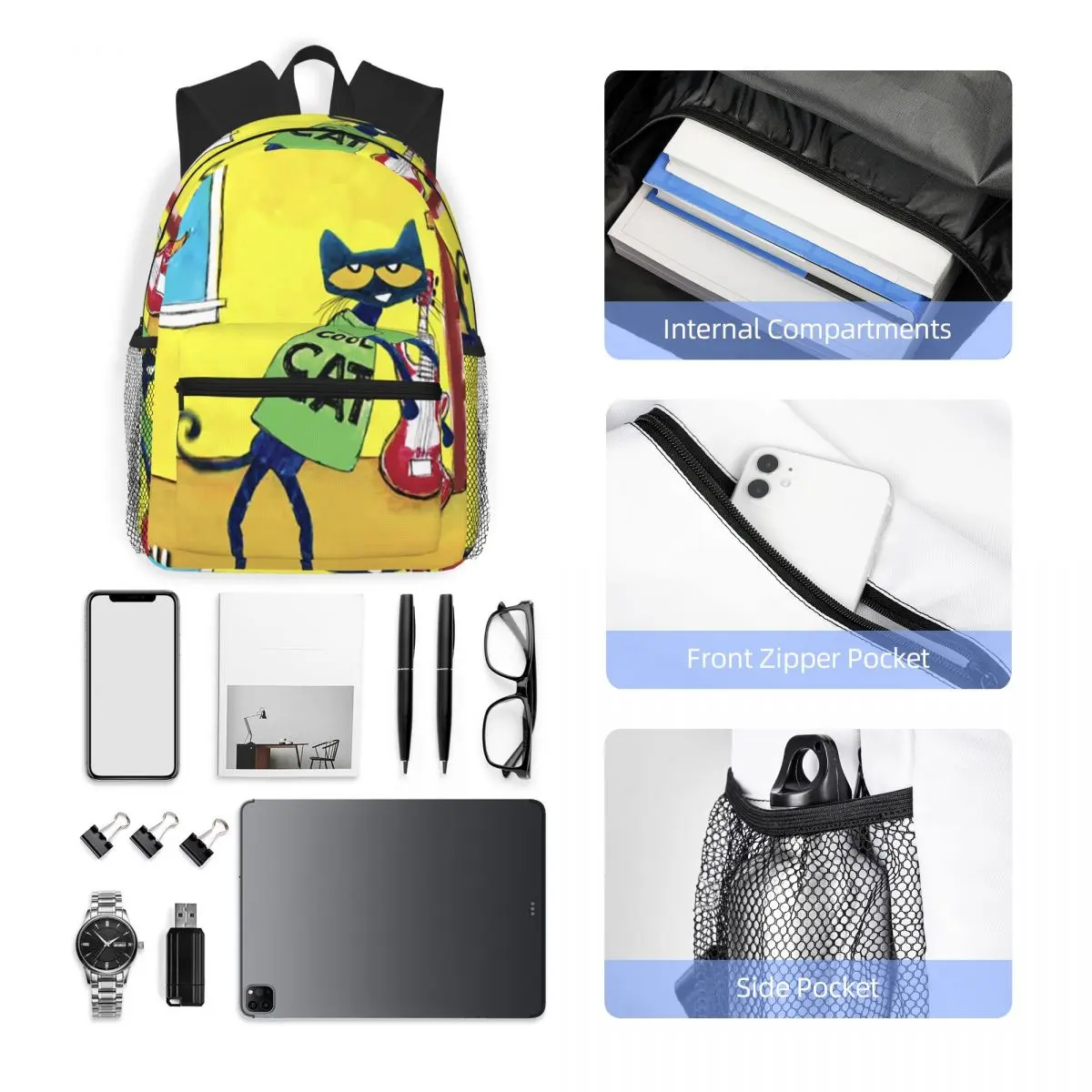 Pete The Cat  Student Backpack School Bag Hiking Travel Daypack for Men Women Fashion Bookbag Shoulder Bags