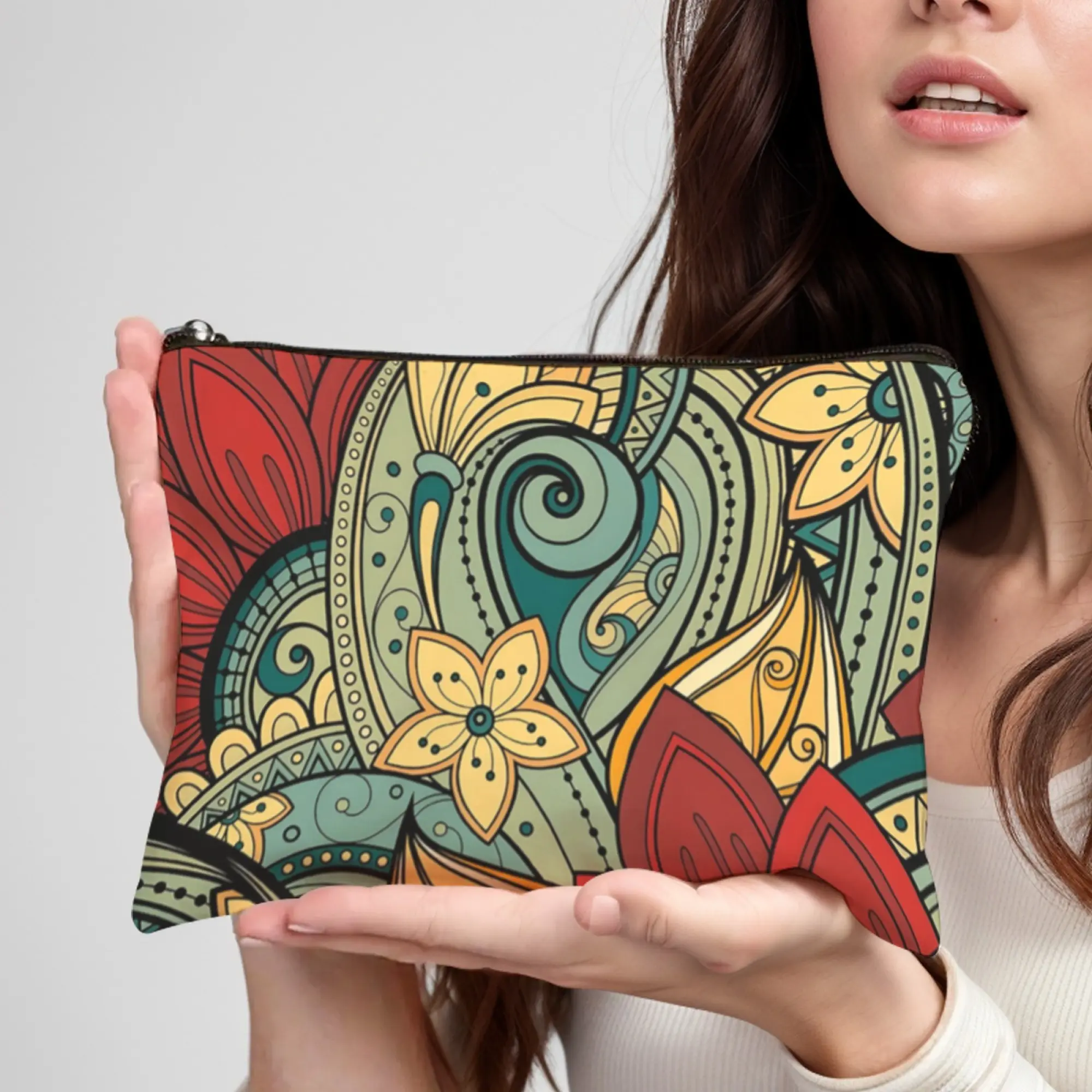 Abstract retro stylish floral swirl Makeup Bag Women Travel Storage Pouch Travel Lipstick Bag Makeup Case Bag Cosmetic Brush Bag