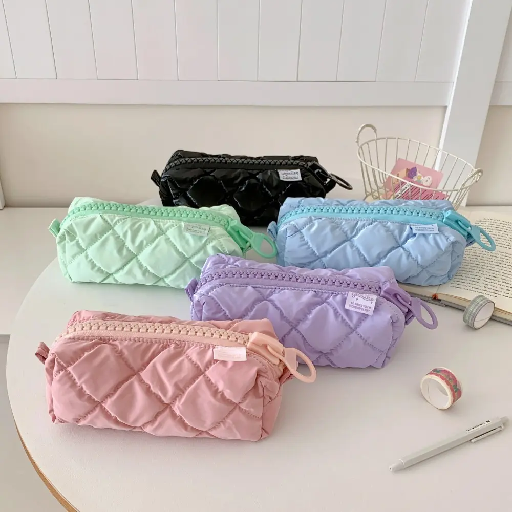 Soft Quilting Big Zipper Pencil Case School Stationary Storage Bag Large Capacity Pen Bag