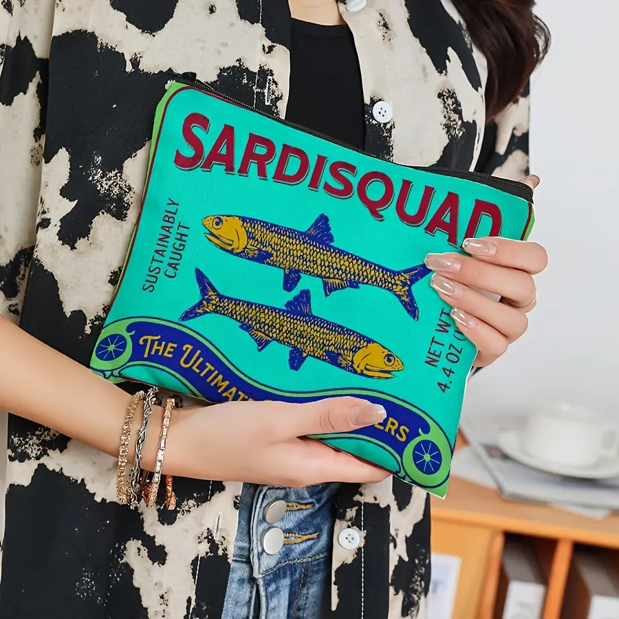 Sardisquad Canvas Travel Pouch - Zippered Cosmetic & Toiletry Bag,Teal Fish Design with Bold Lettering, Perfect Gift for Women