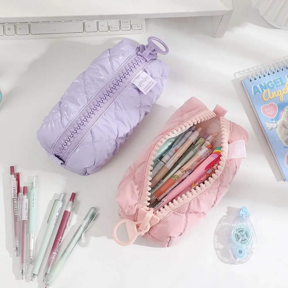Soft Quilting Big Zipper Pencil Case School Stationary Storage Bag Large Capacity Pen Bag