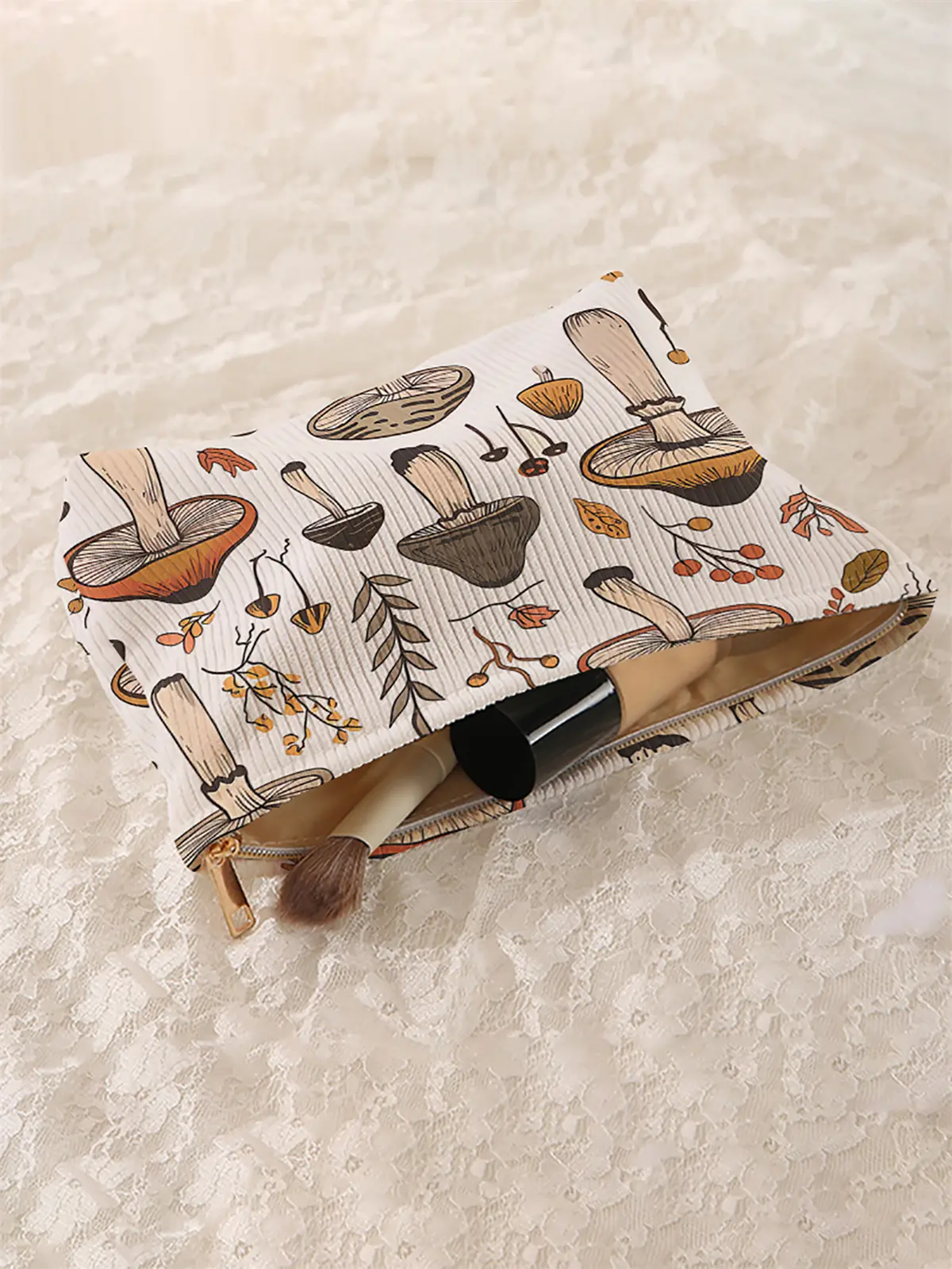 1 mushroom patterned corduroy makeup bag, lightweight zipper makeup storage box, multifunctional bag with lining