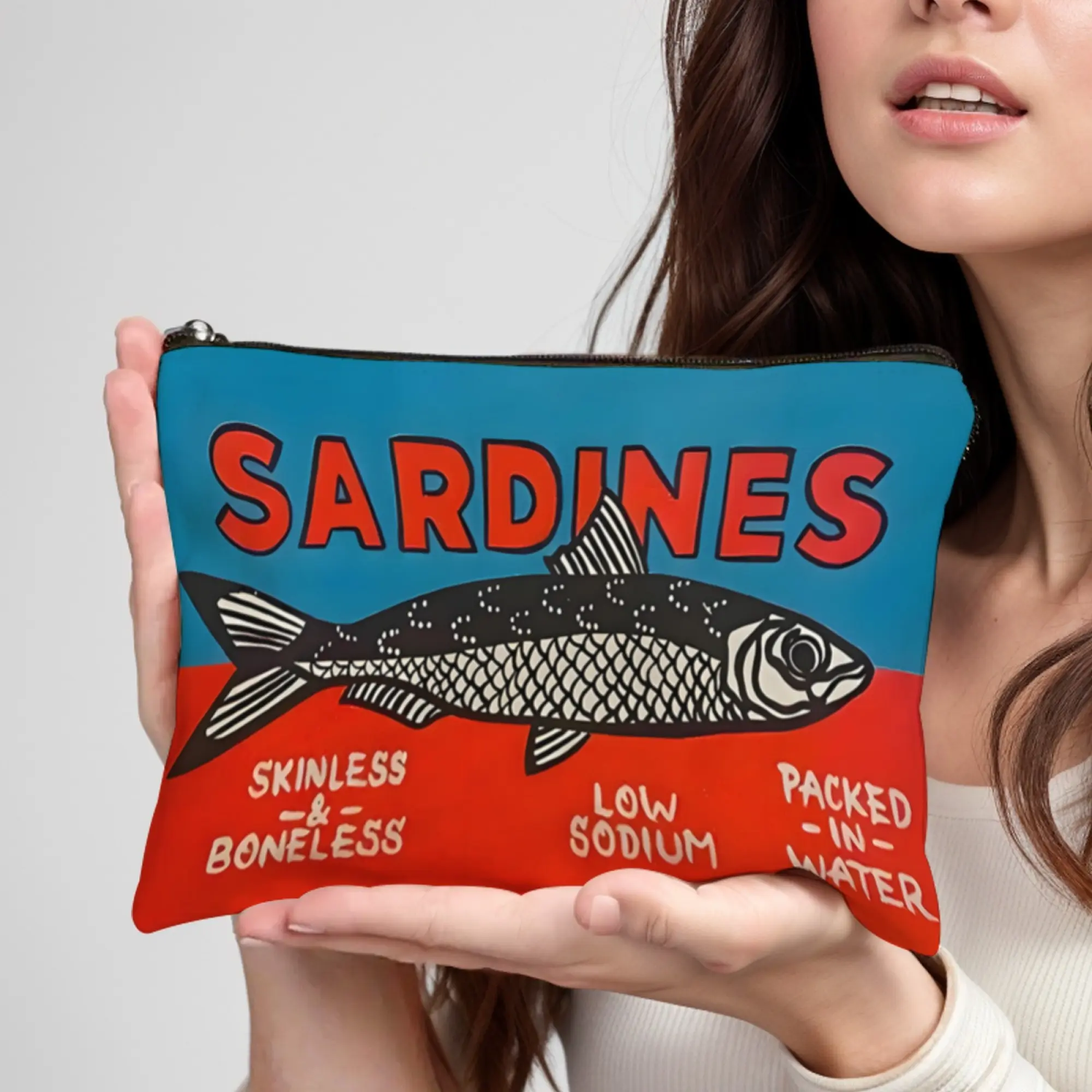 Retro Sardines Zip Cosmetic Bag Skinless Boneless Sodium-Free Water Design White with Blue & Red Accents Makeup Pouch for Adults