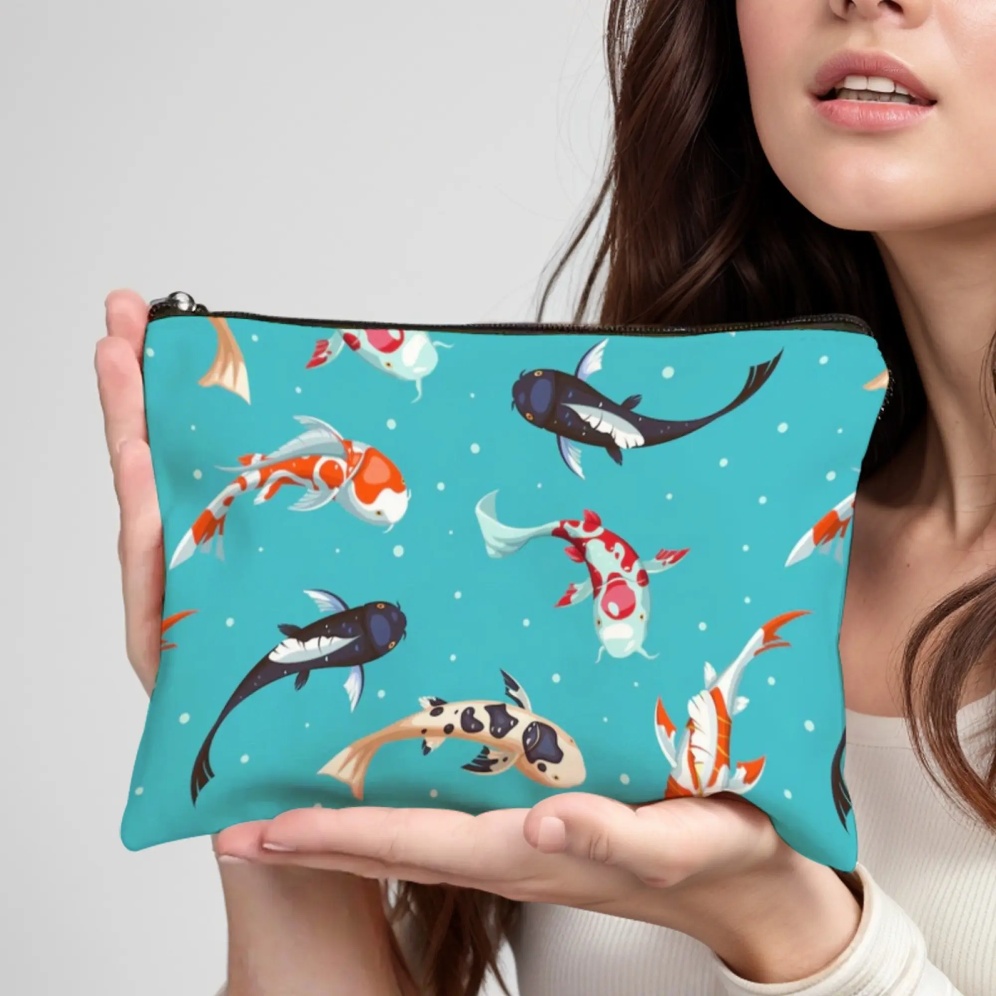 Classical Lucky Koi Pattern Cosmetic Bag Durable Zipper Organizer with Chinese Cultural Elements Perfect for Daily Makeup Tote